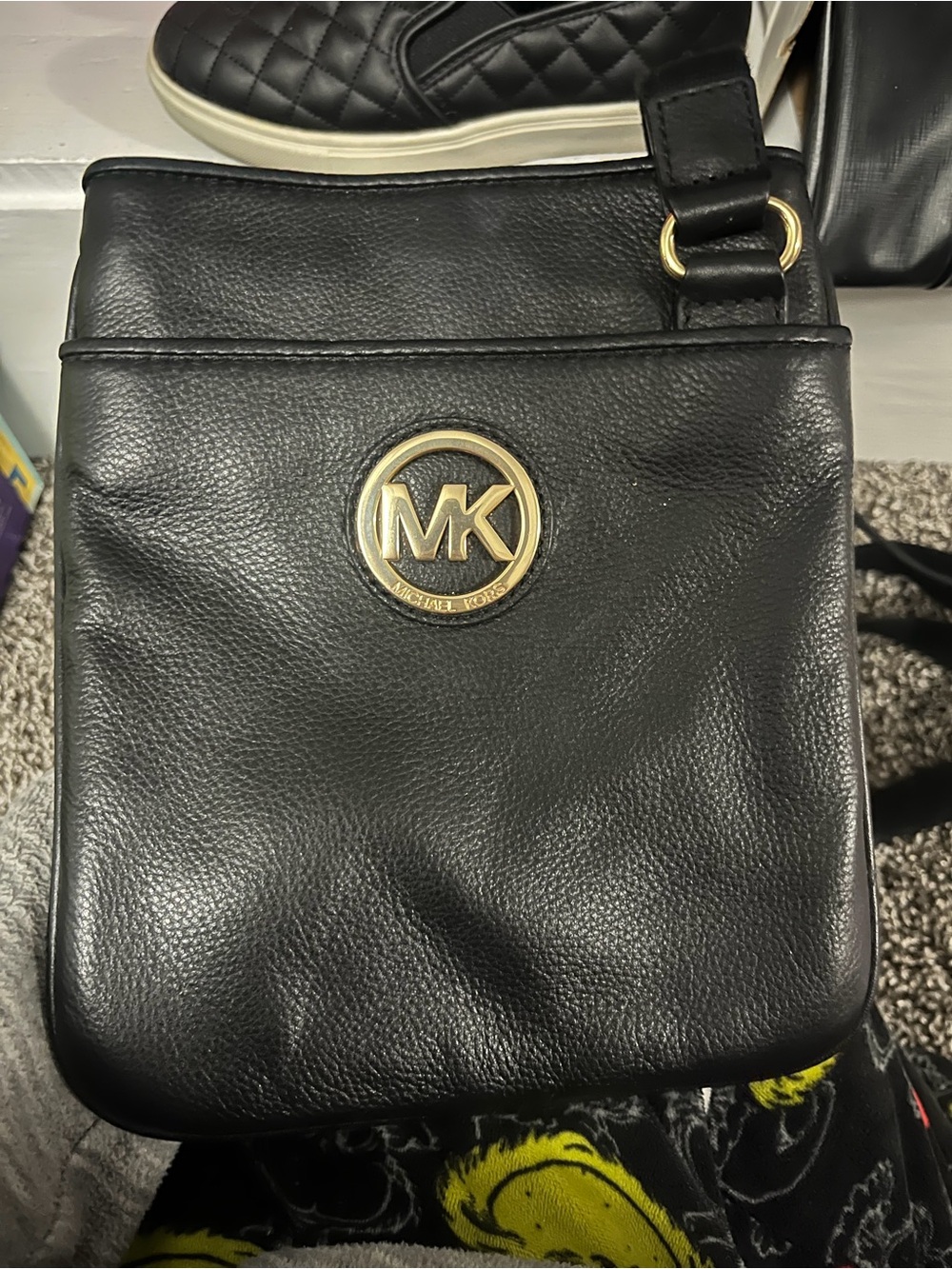 Michael Kors Black Leather Crossbody with Gold Logo Medallion